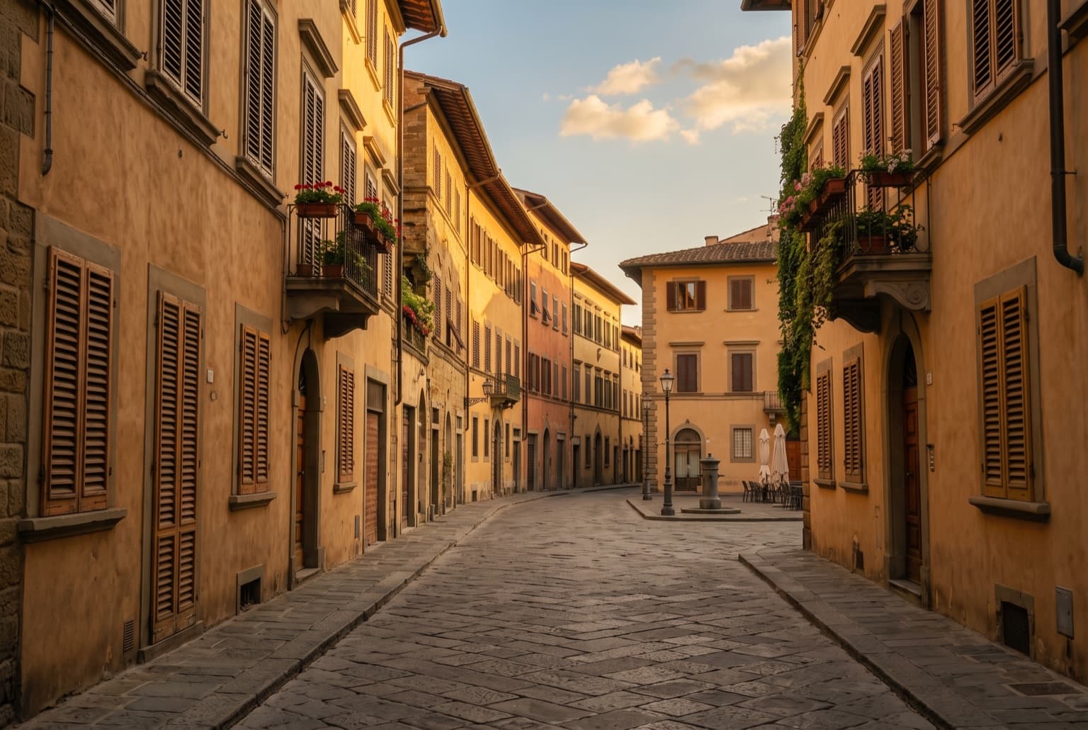 Golden evening light on the Arno in August, distant strollers on the bank