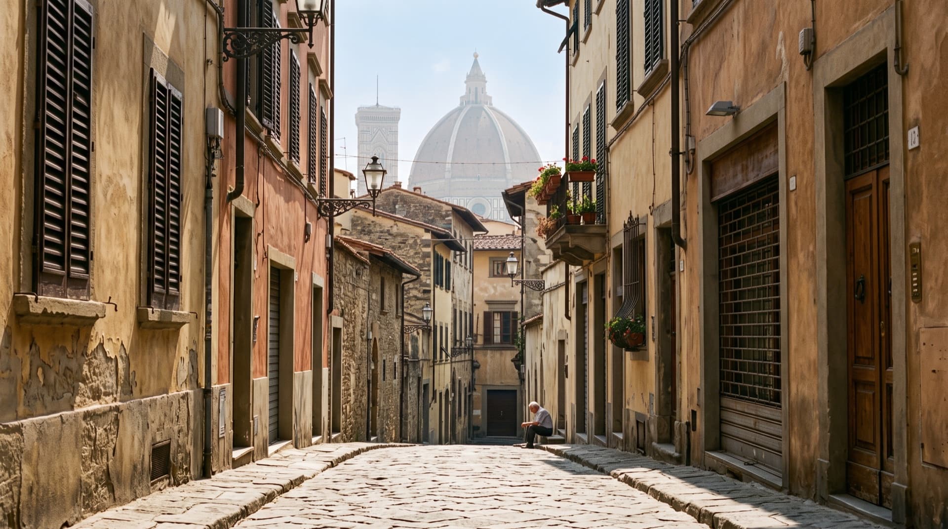 Quiet shuttered Florence street in August heat, the Duomo hazy beyond