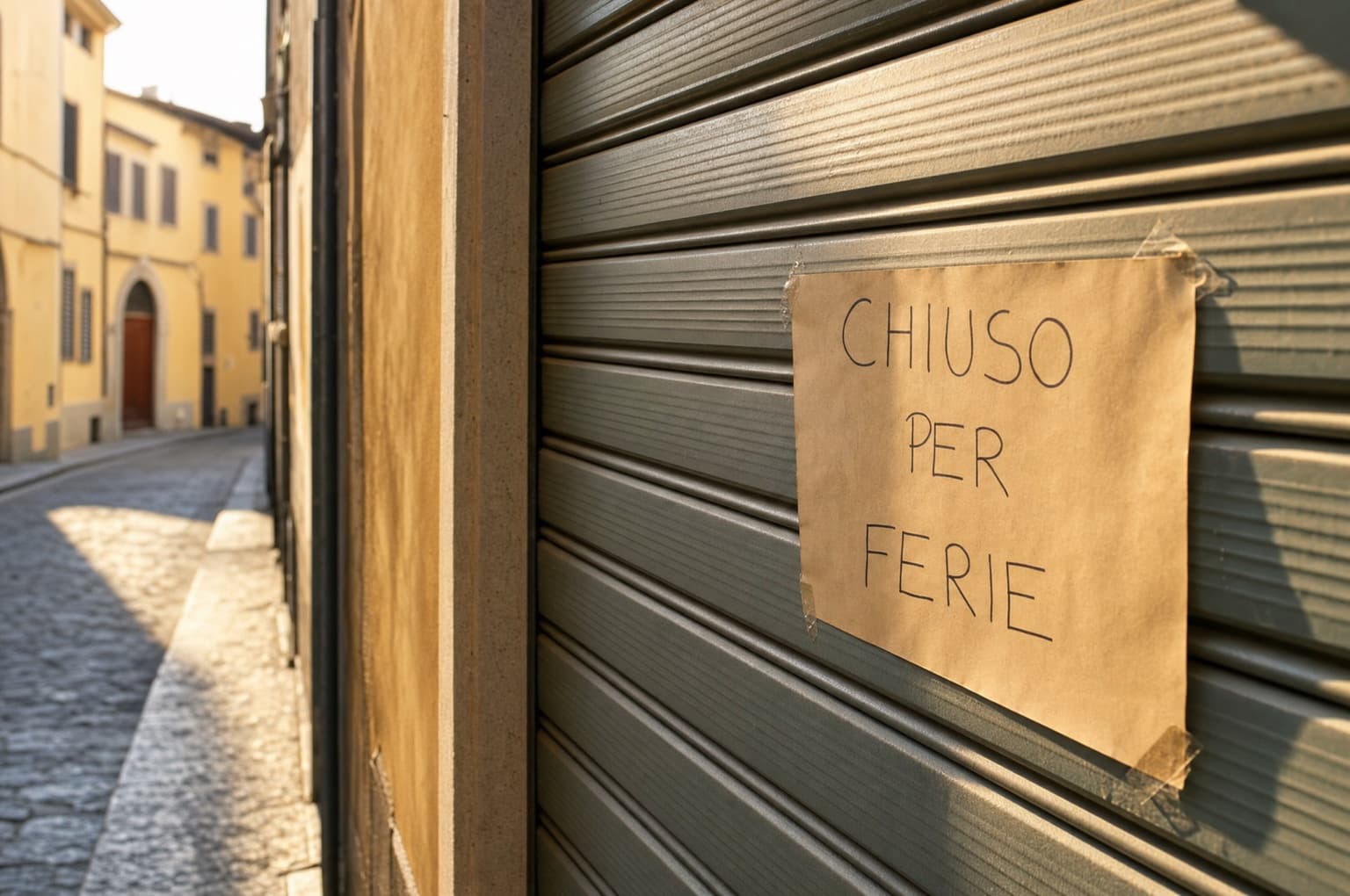A shuttered artisan shopfront in Florence during the August holidays