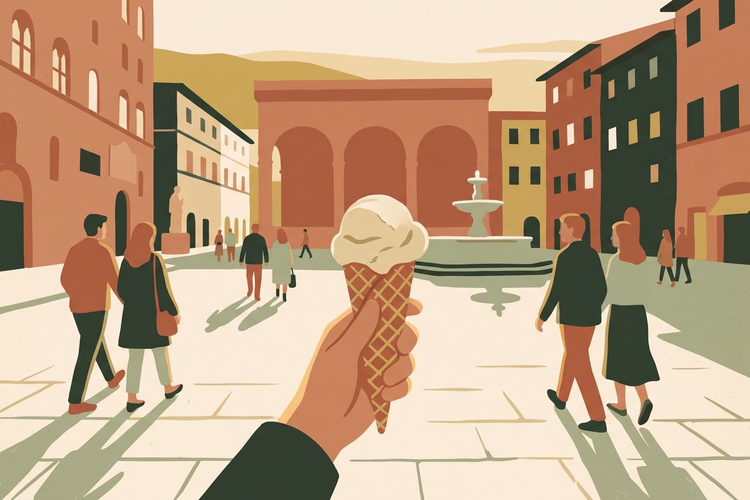 Illustrated evening piazza in Florence in golden light, a gelato cone in the foreground