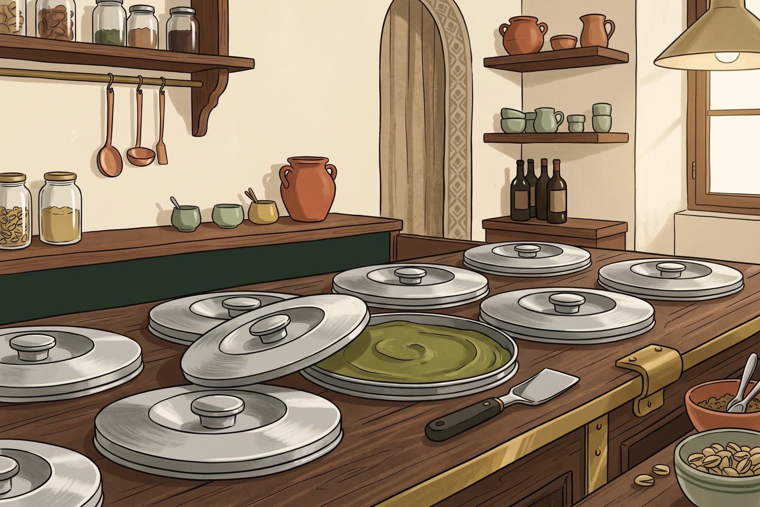 Illustrated close-up of covered steel gelato tins with muted natural-coloured gelato