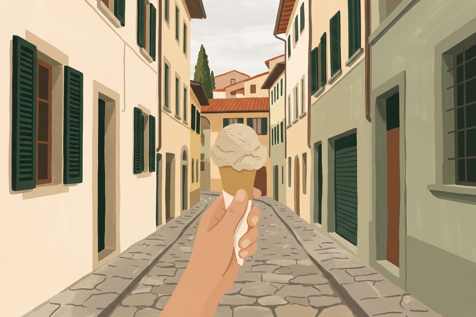 Illustrated gelato cone in hand on a cobbled Florentine street with pastel buildings