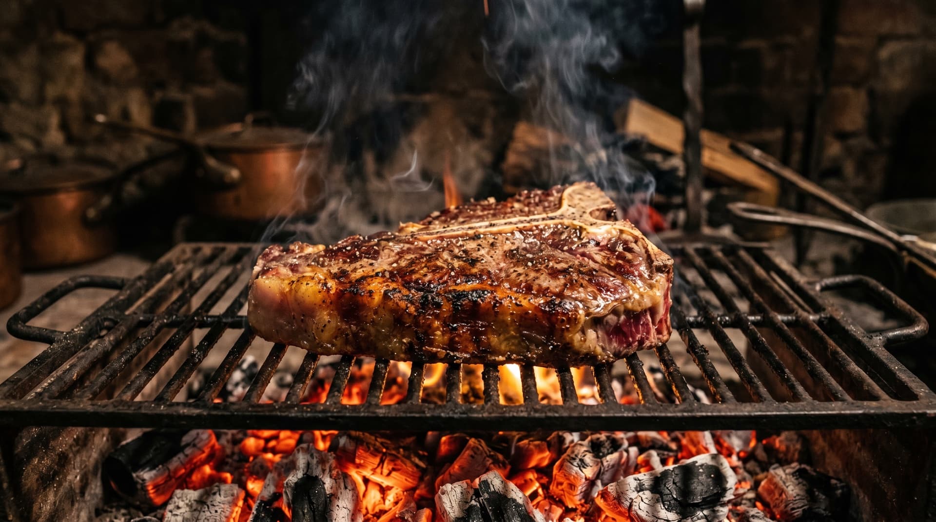 A thick T-bone bistecca alla fiorentina grilling over glowing embers