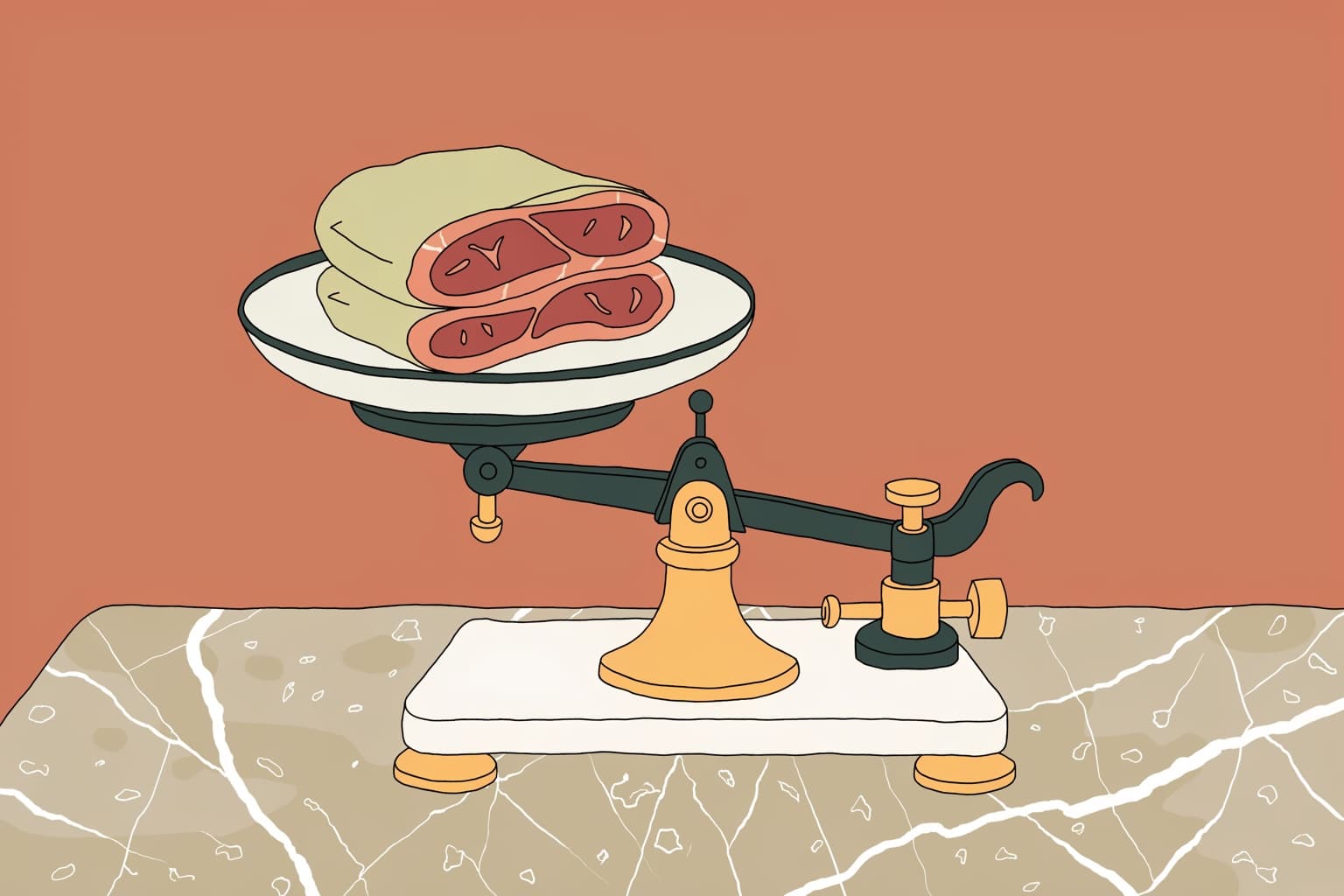 Illustrated butcher's scale weighing a bistecca