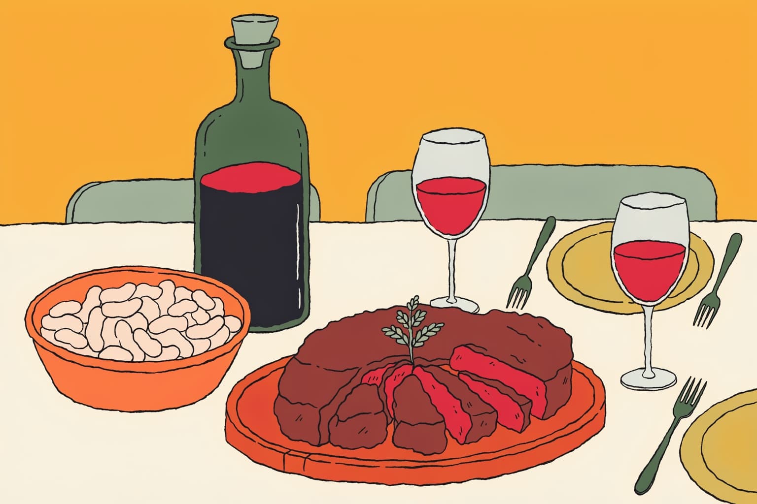 Illustrated shared table with carved rare bistecca, beans and red wine