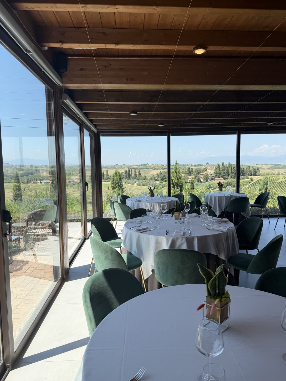 The glassed veranda under its wooden ceiling, round tables laid in white with green velvet chairs, vineyards through the windows