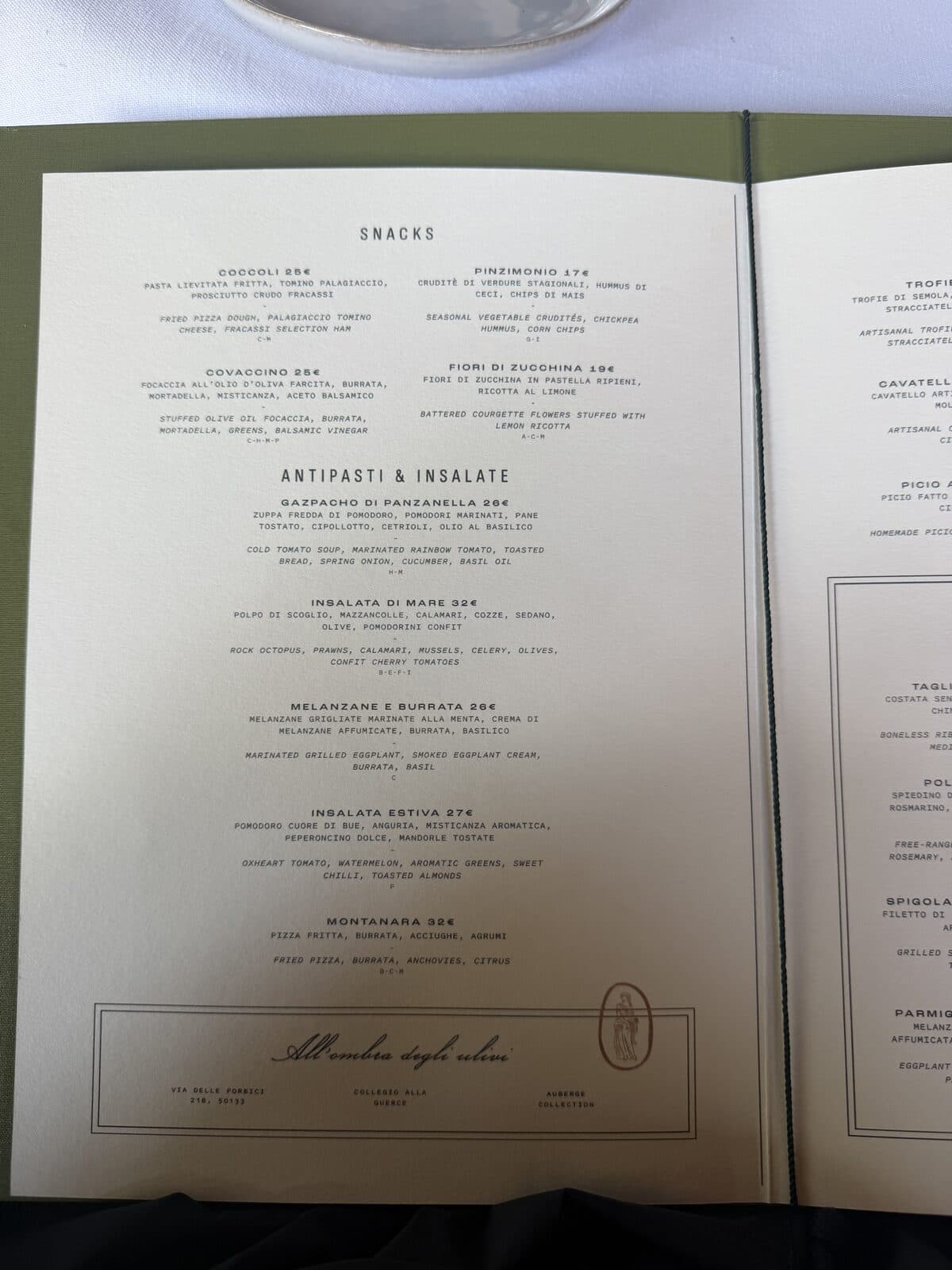 The printed menu of the pool restaurant at Collegio alla Querce