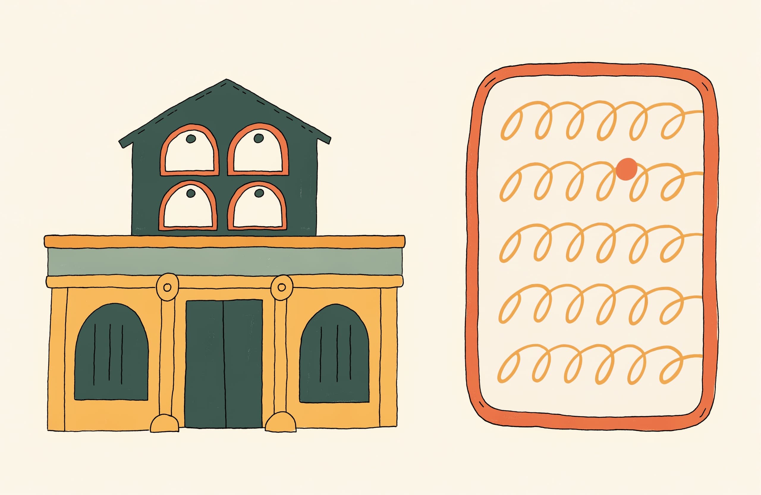 Illustrated museum facade next to a closed sign card