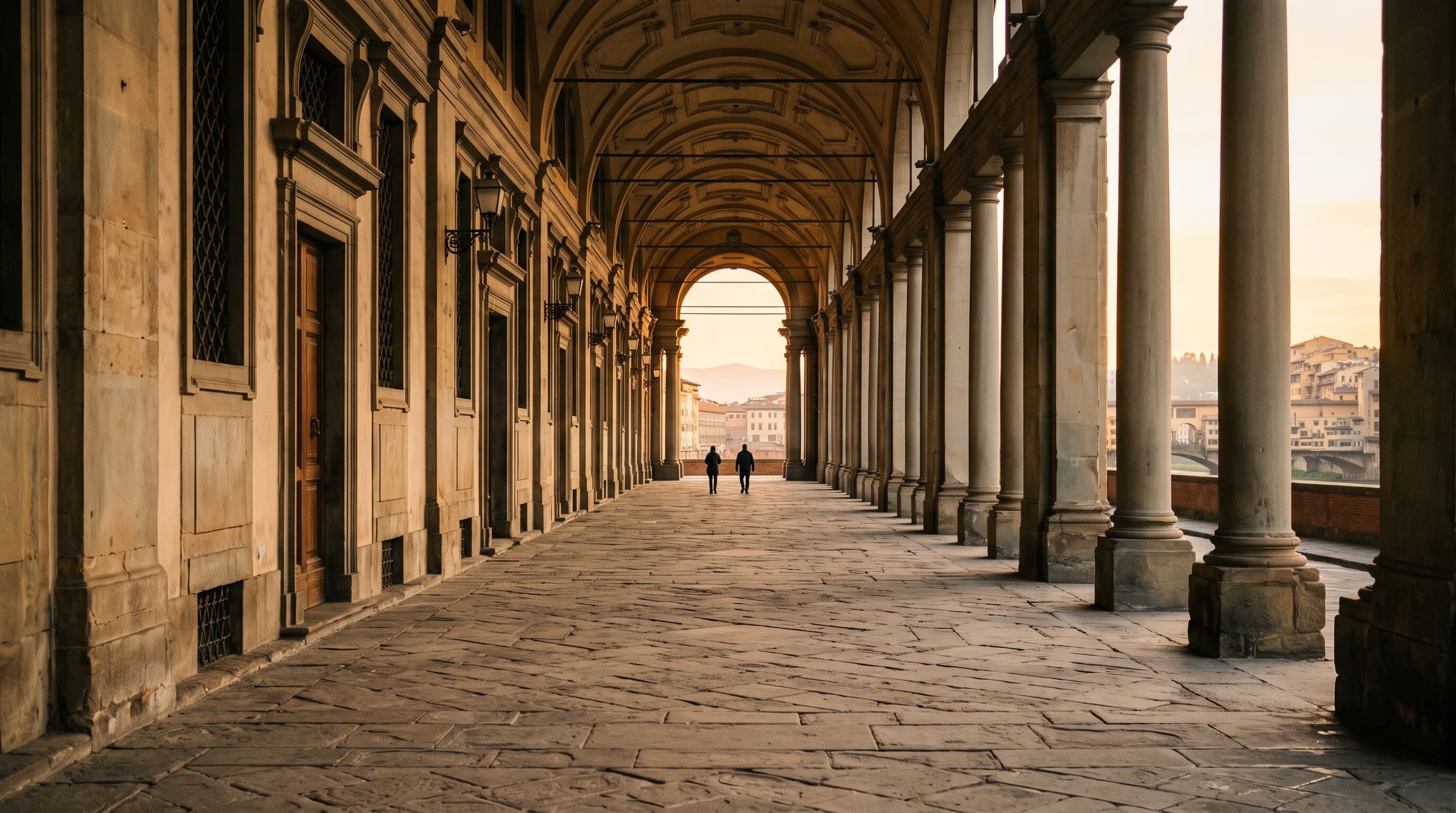 The Uffizi colonnade in early morning light, empty before the museum opens
