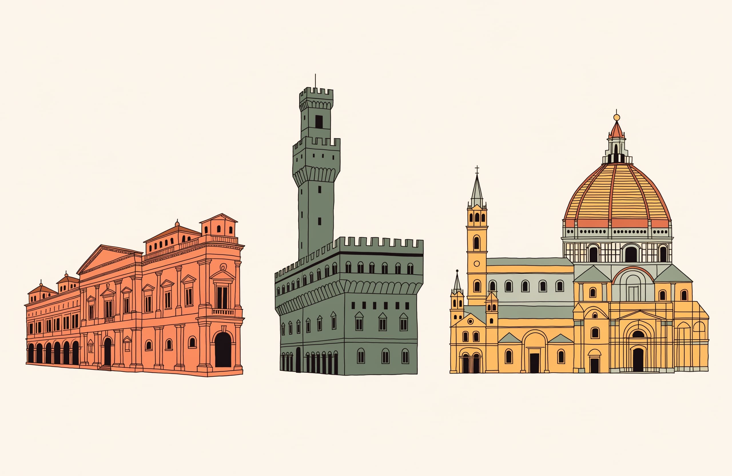 Illustrated facades of Palazzo Pitti, Palazzo Vecchio, and the Duomo representing Florence's three museum administrations