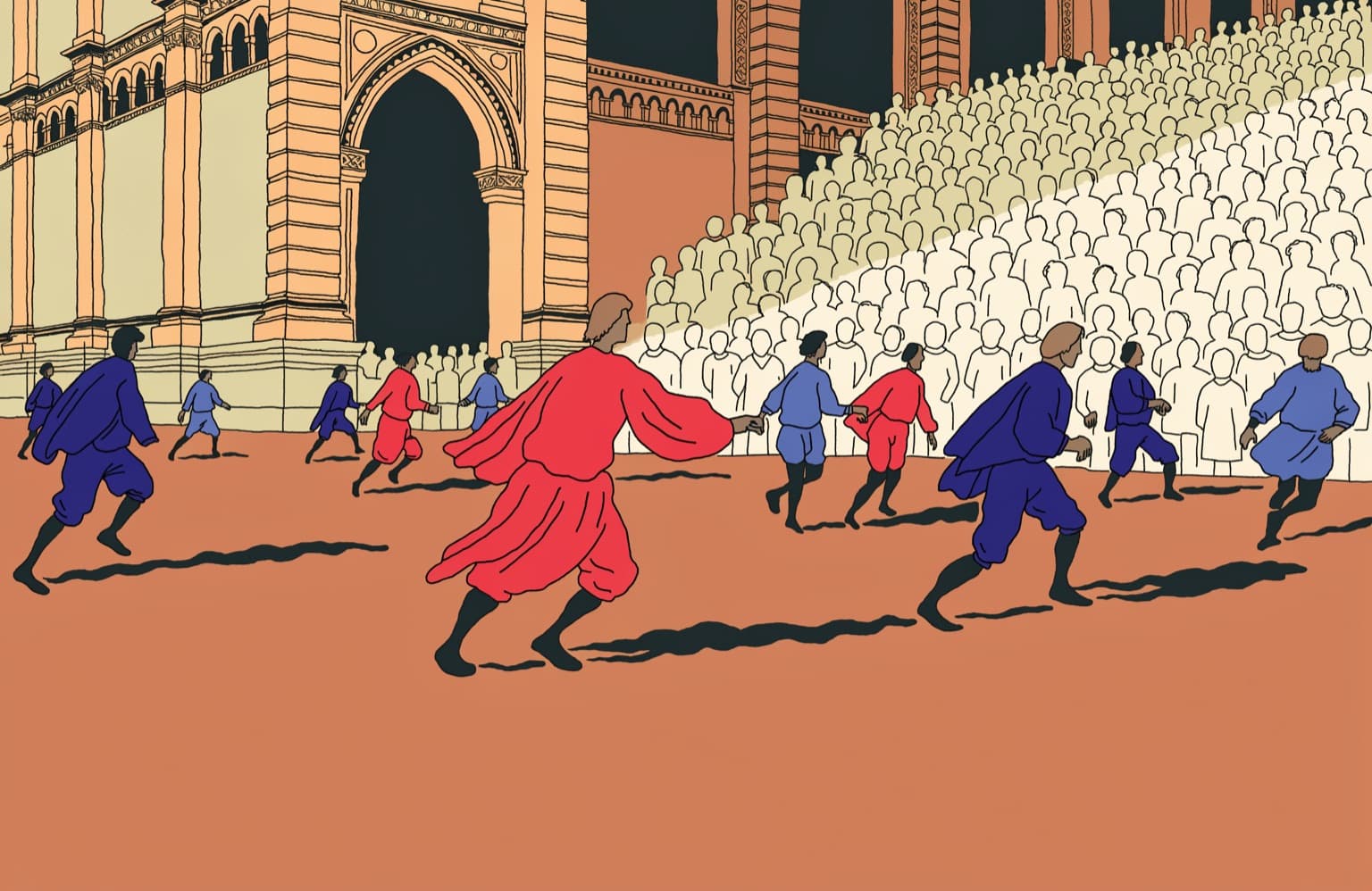 Illustration of Calcio Storico players in red and blue Renaissance colours running on sand before a packed grandstand at Santa Croce
