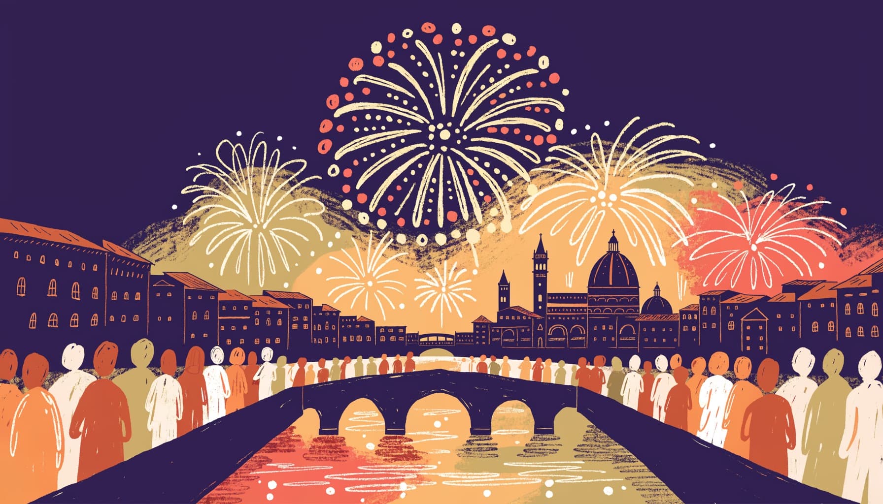 Illustration of fireworks over the Florence skyline and the Arno on a summer night