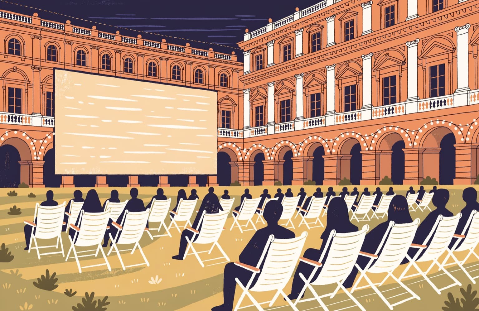 Illustration of a free-standing cinema screen and rows of deck chairs in the courtyard of the Pitti palace at dusk