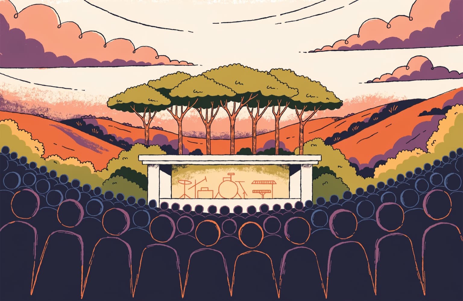 Illustration of a crowd watching an open-air stage among Tuscan umbrella pines under a pink sunset sky