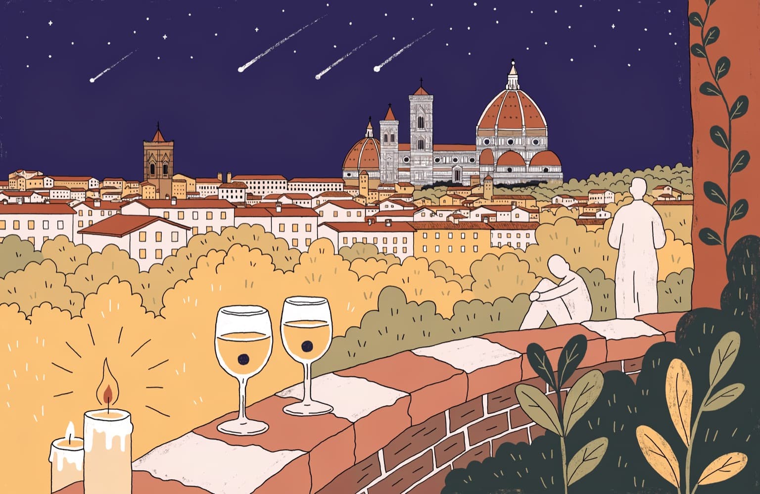 Illustration of two glasses of white wine on a terrace wall overlooking the Florence skyline at night, with shooting stars over the Duomo