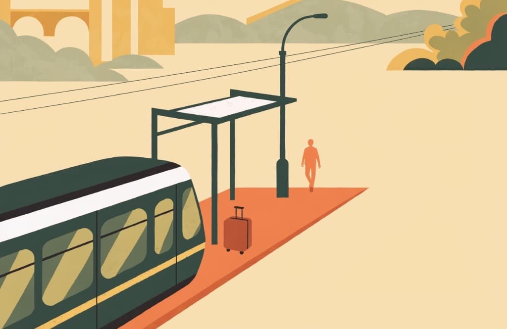 Illustration of a traveller with a suitcase waiting at a tram and train stop