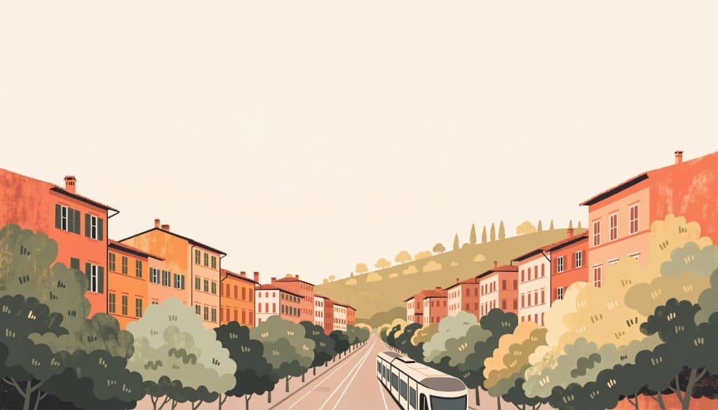 Illustration of a tram on a tree-lined Florence avenue