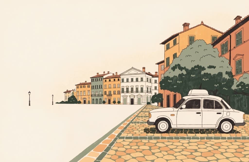 Illustration of a white taxi parked on a cobbled Florence street
