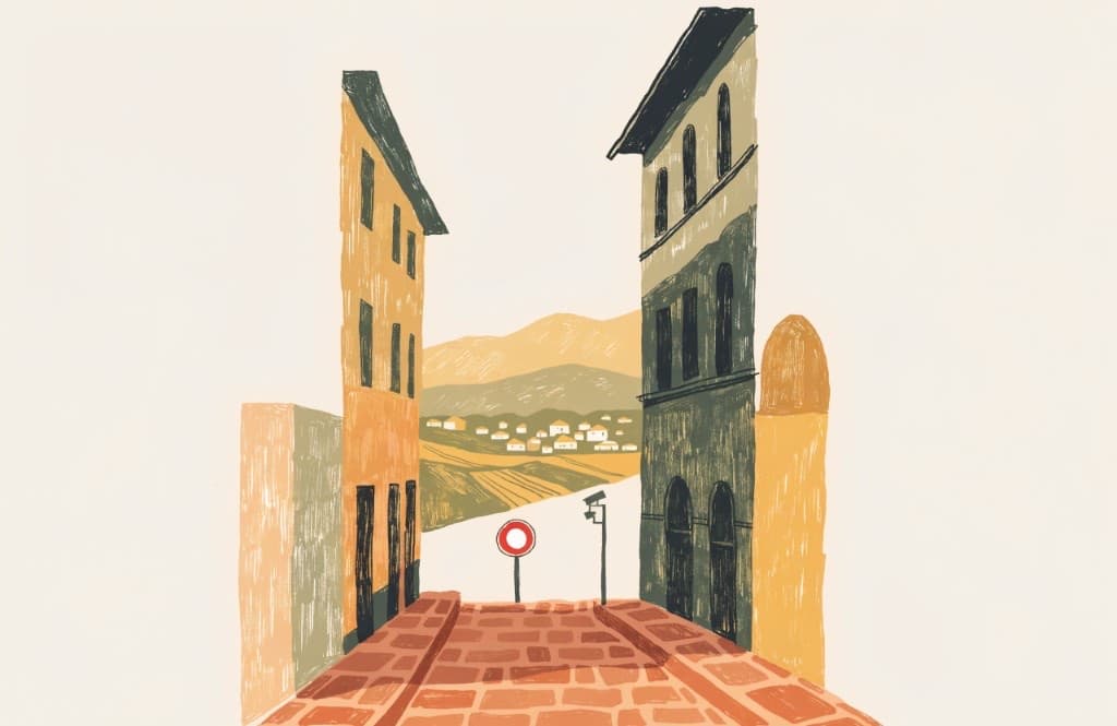 Illustration of a no-entry sign at the entrance to a narrow Florence street