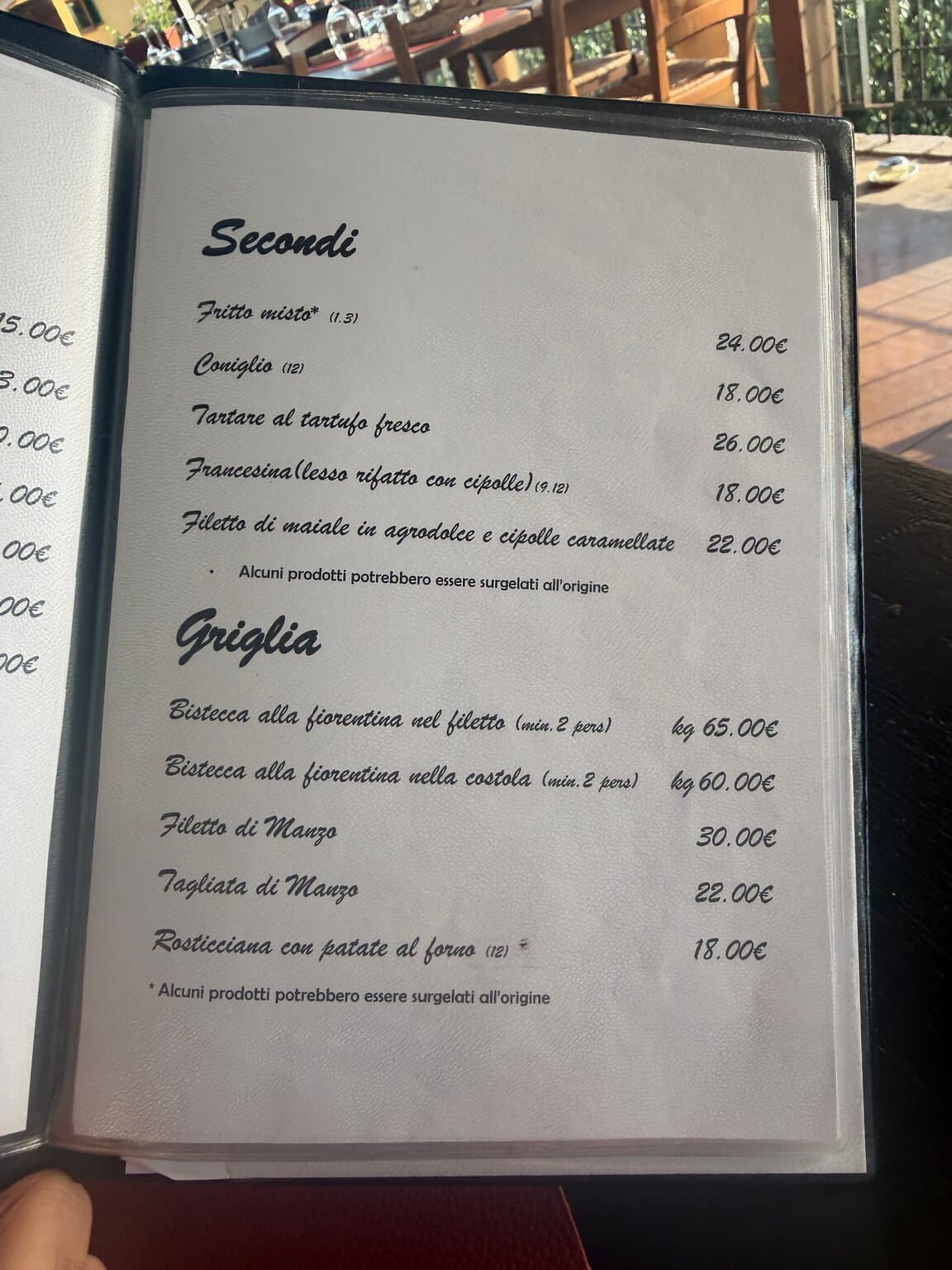 La Gargotta menu page showing secondi and griglia prices
