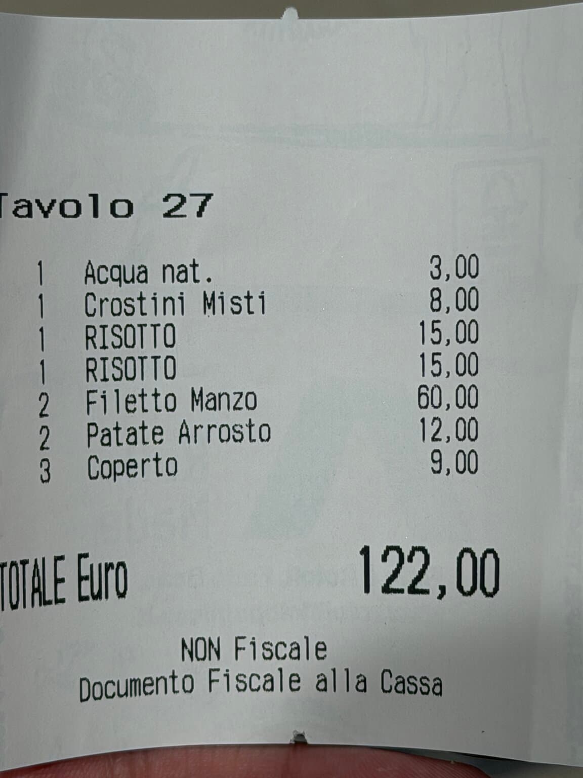 La Gargotta receipt for a family dinner totalling €122