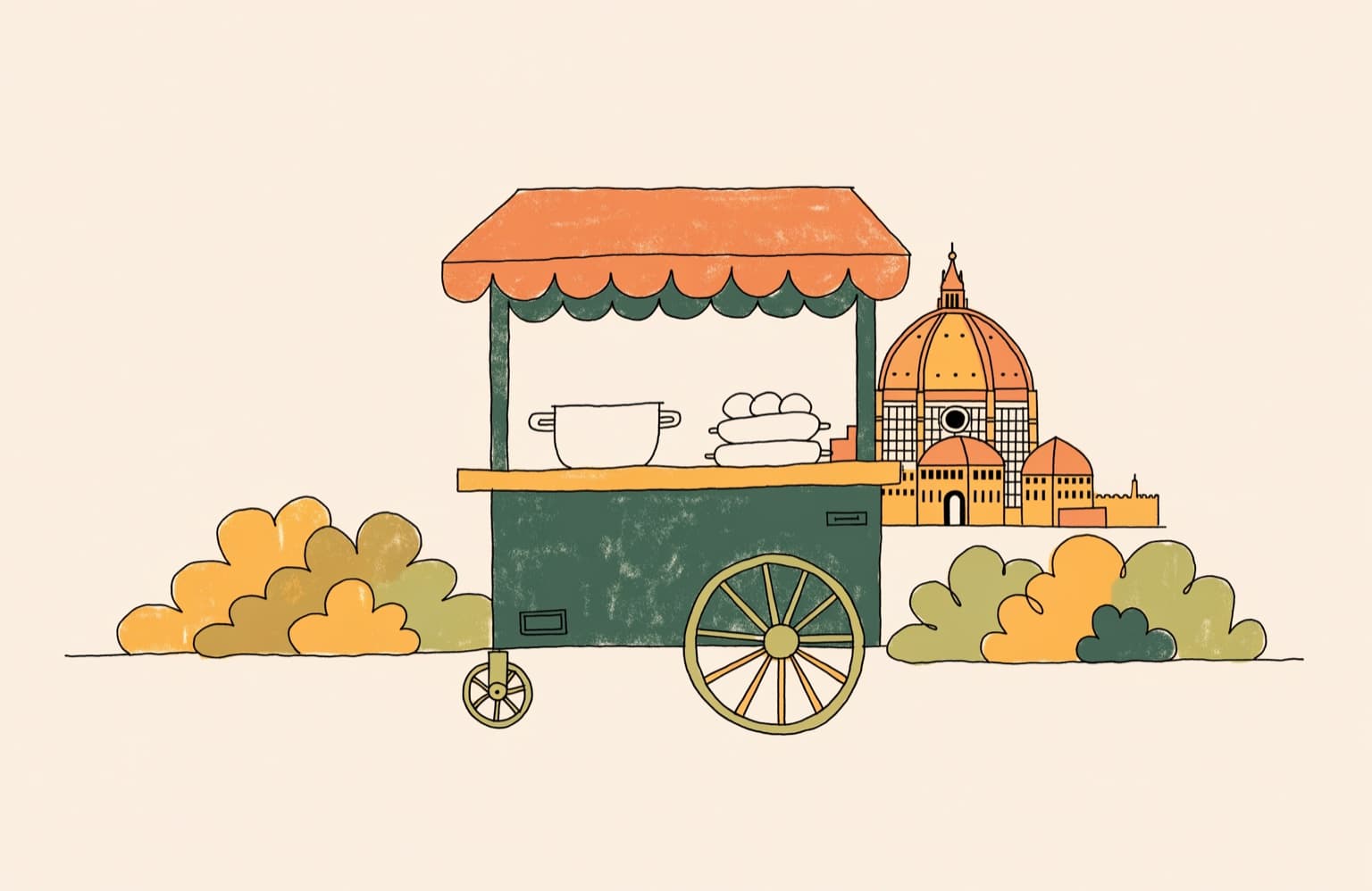 Illustrated Florentine trippaio cart with the Duomo in the background