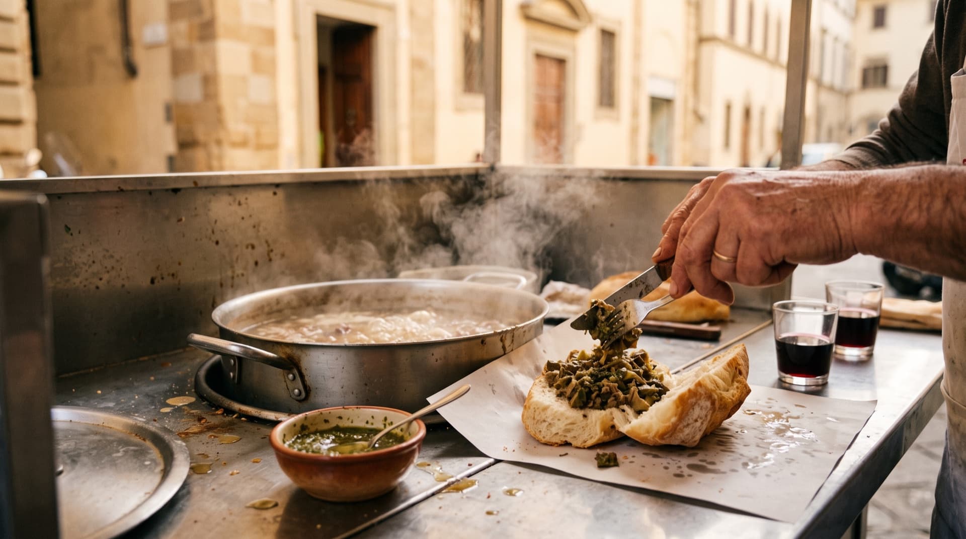 Steam rising from a trippaio cart in Florence as a panino con lampredotto is served