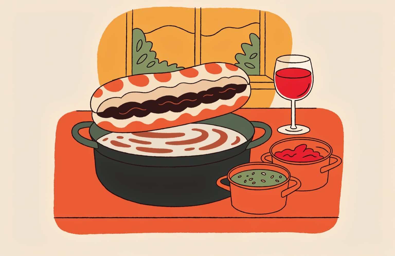 Illustrated lampredotto panino dipped in broth with salsa verde and salsa piccante