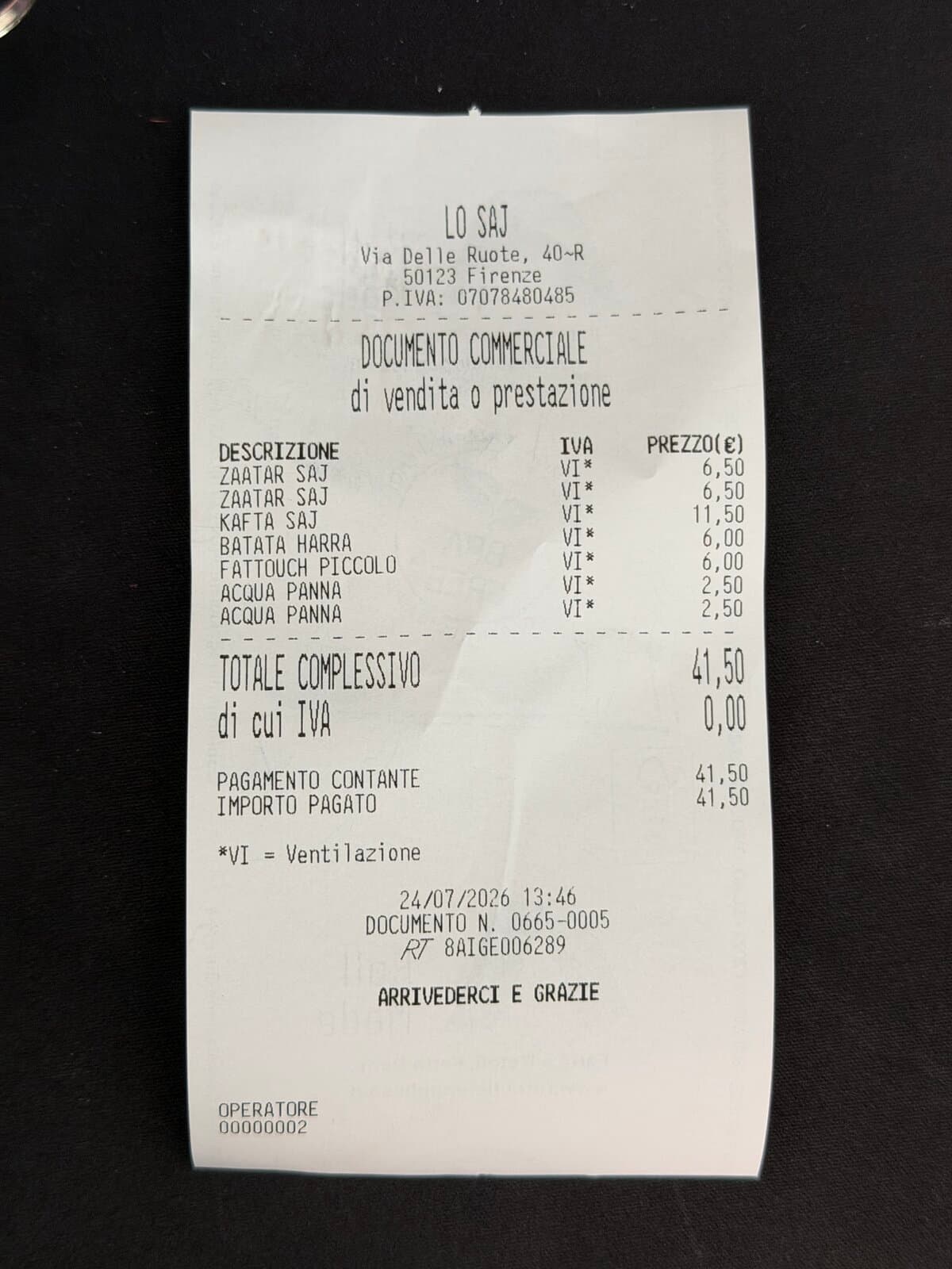 Lo Saj receipt for a family lunch totalling €41.50