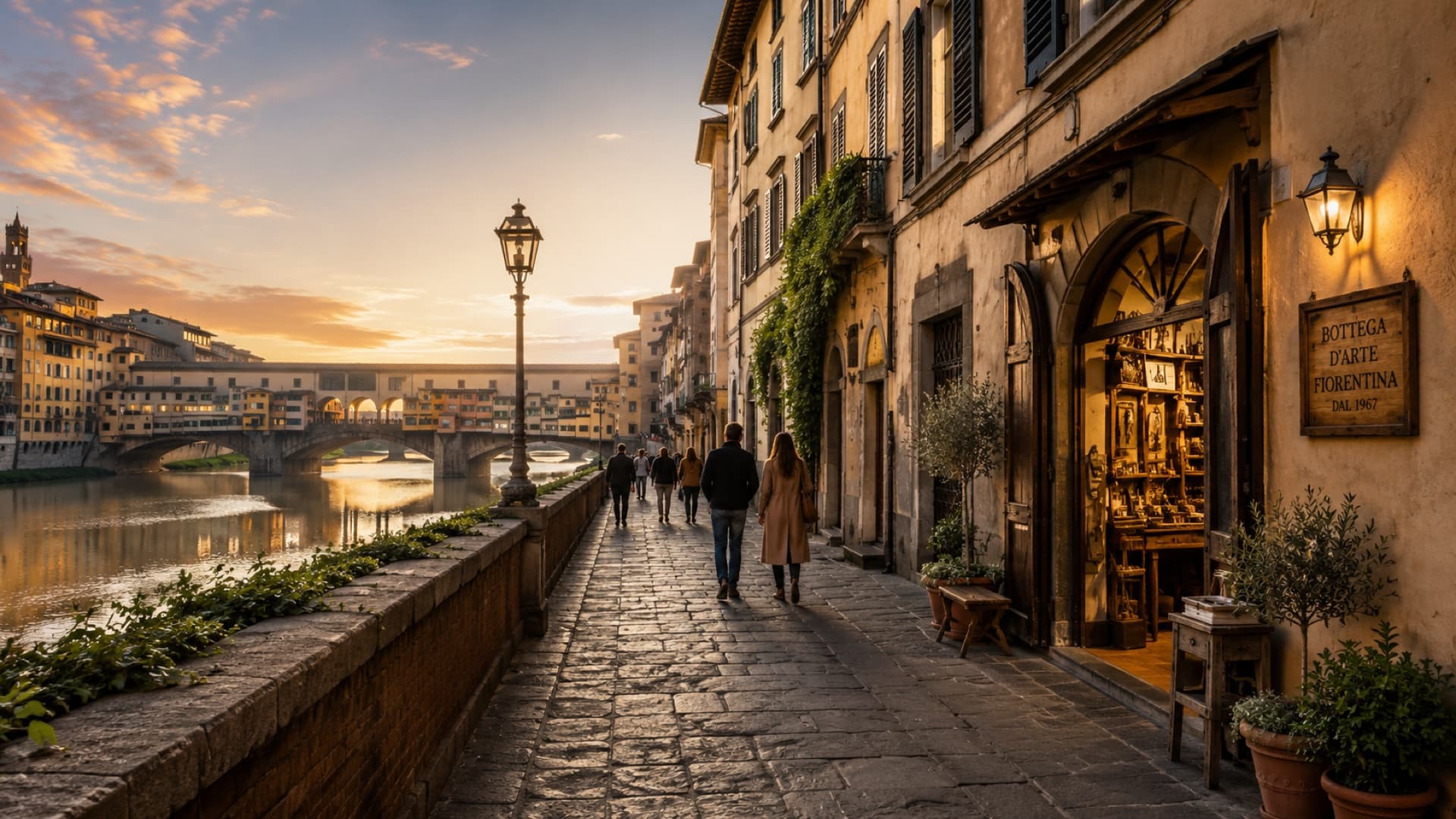 Golden-hour sunset on the Oltrarno lungarno, with an artisan shop front, strollers on the cobblestones, and Ponte Vecchio reflected in the Arno