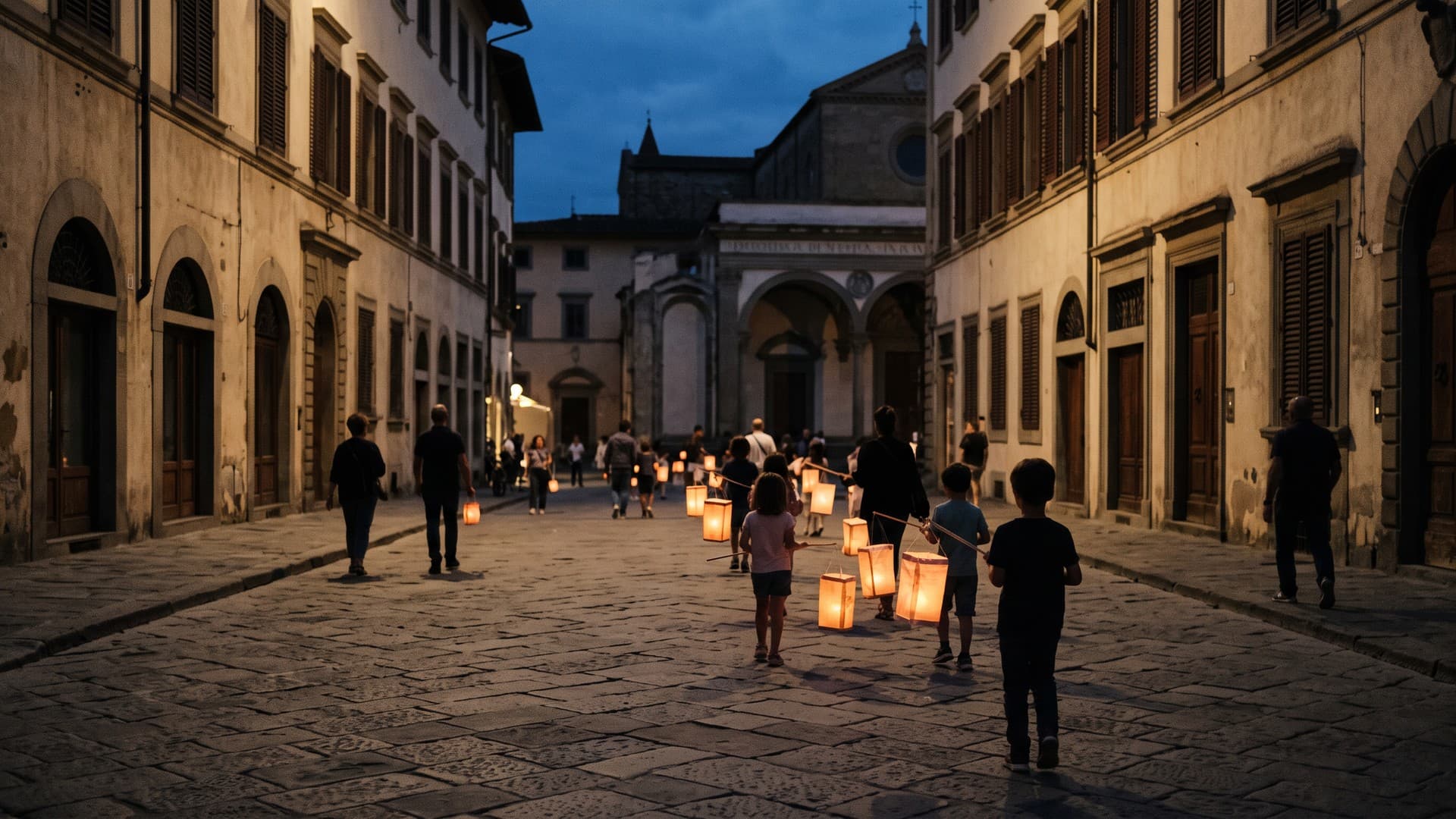 Paper lanterns glowing at dusk in a Florentine piazza in early September