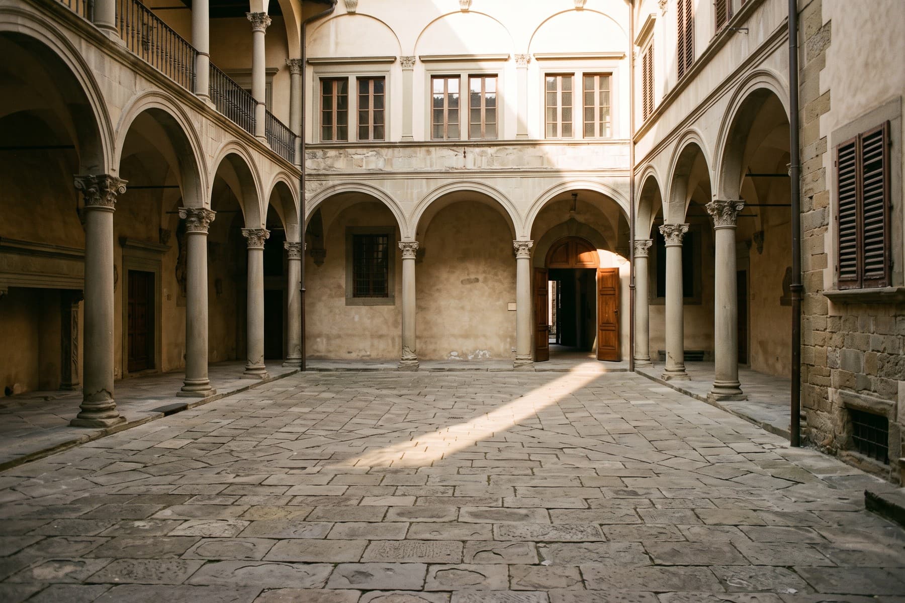 An empty Renaissance palazzo courtyard open to visitors in September light