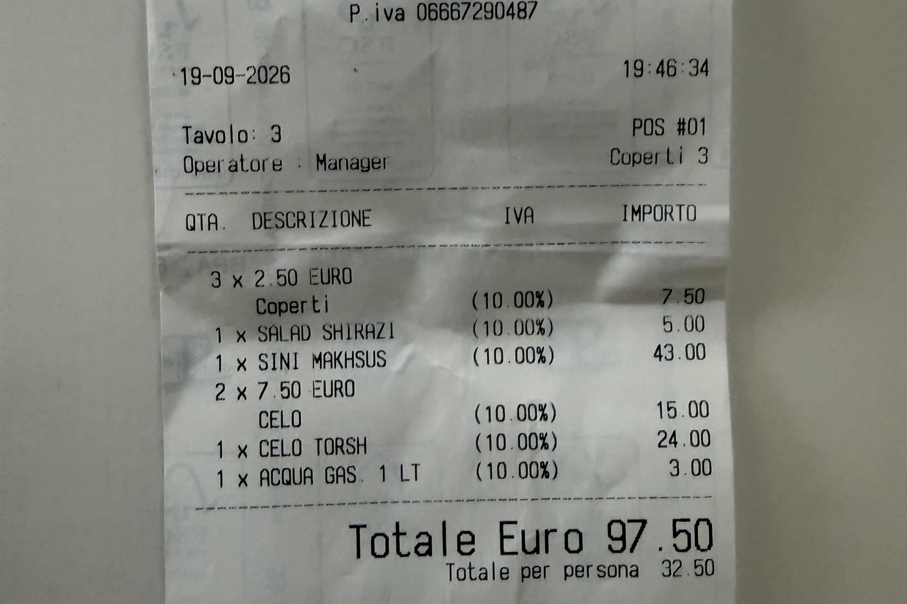 The Tehran receipt for 19 September 2026 totalling €97.50, €32.50 per person