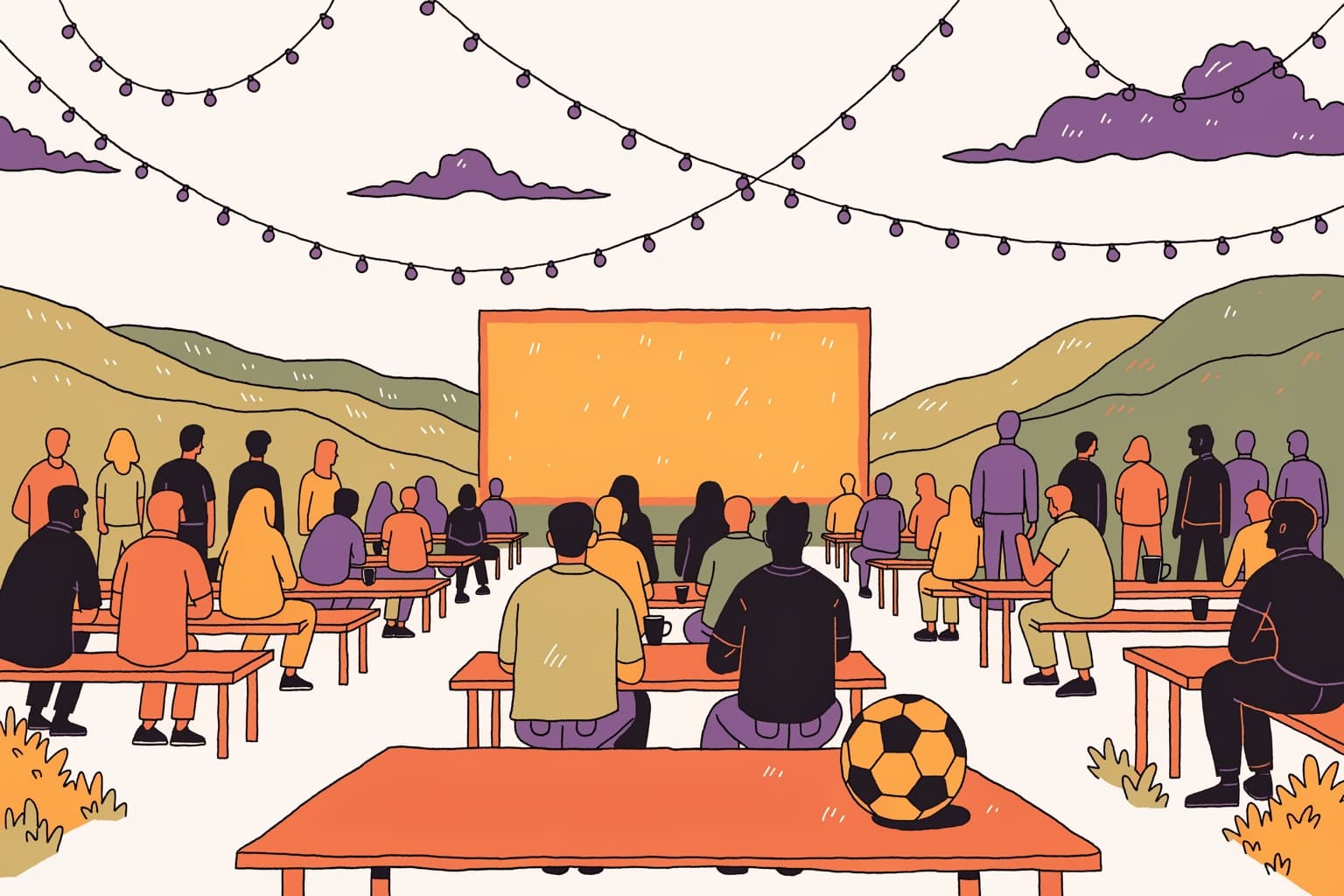 Illustrated evening watch party with a big football screen at dusk