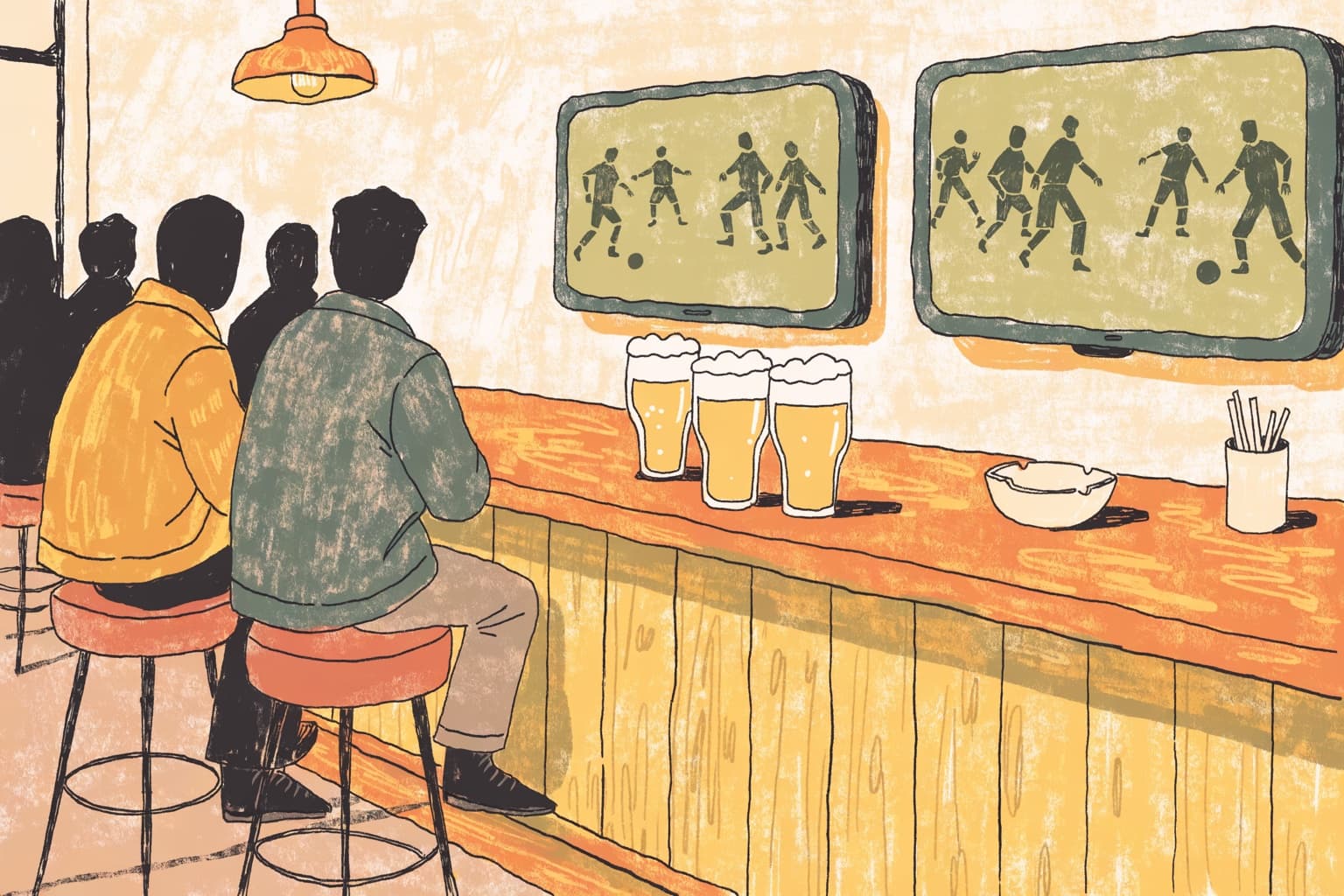 Illustrated pub interior in Florence with football on the screens