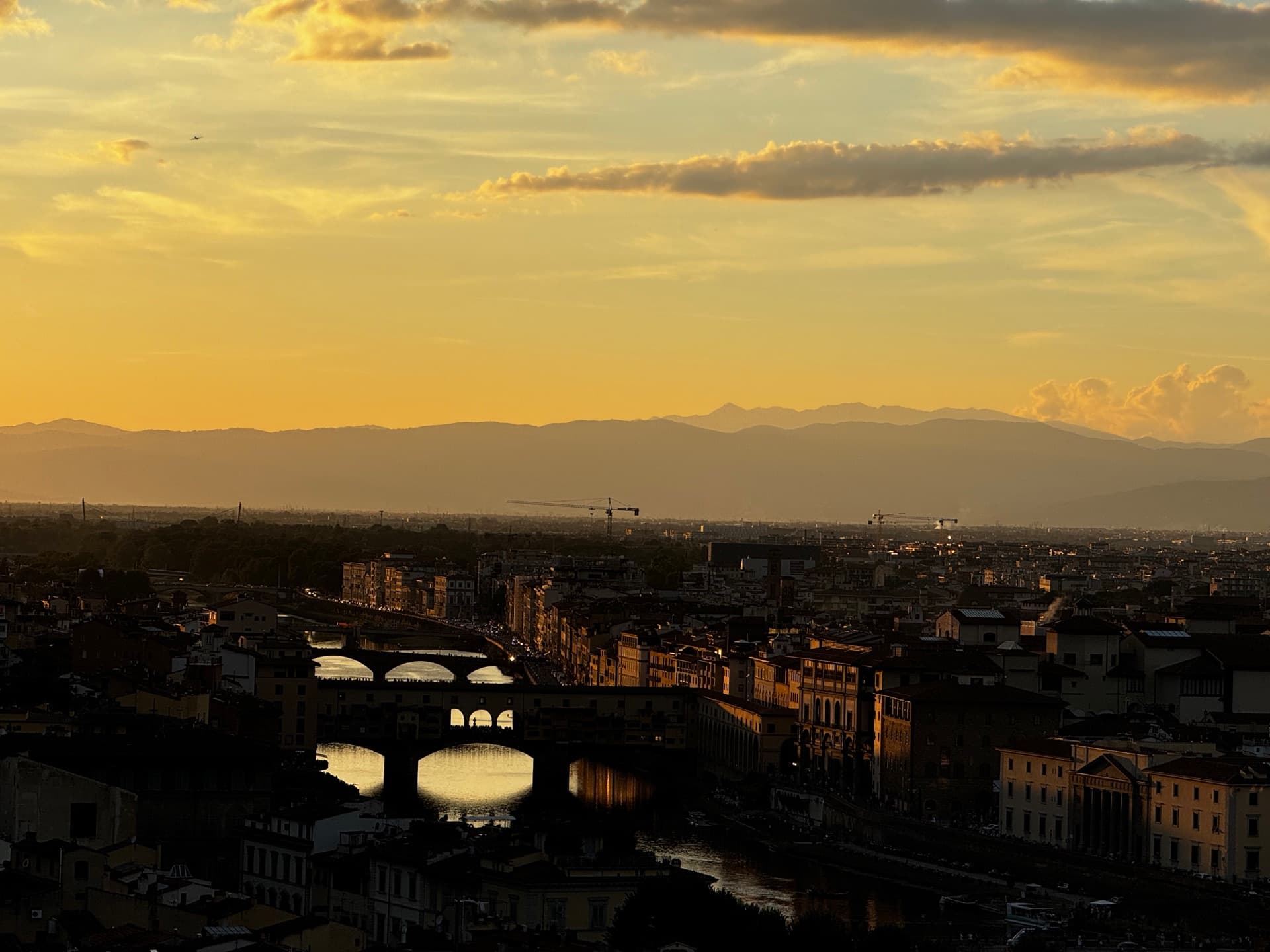 The Arno and the Ponte Vecchio at sunset, seen from Piazzale Michelangelo