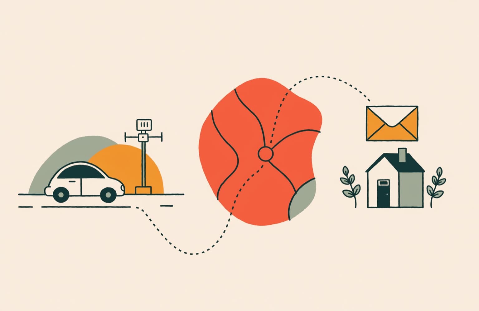 Illustration of a car passing a camera, then a registry, then a letter arriving at a house