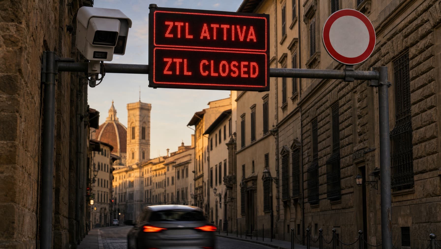 A ZTL camera gate and sign above a street entering the historic centre of Florence